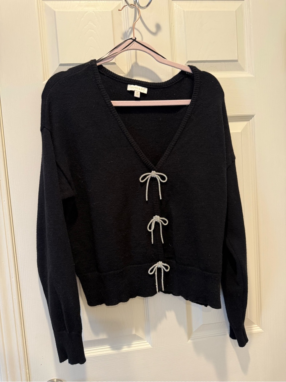 crown & ivy Black V-Neck Tie-Front Cardigan rhinestone bows